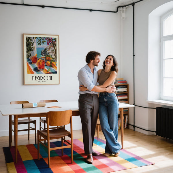 Terrazza soleggiata da Italian Drink Posters con vista sull'oceano e bevande all'arancia.