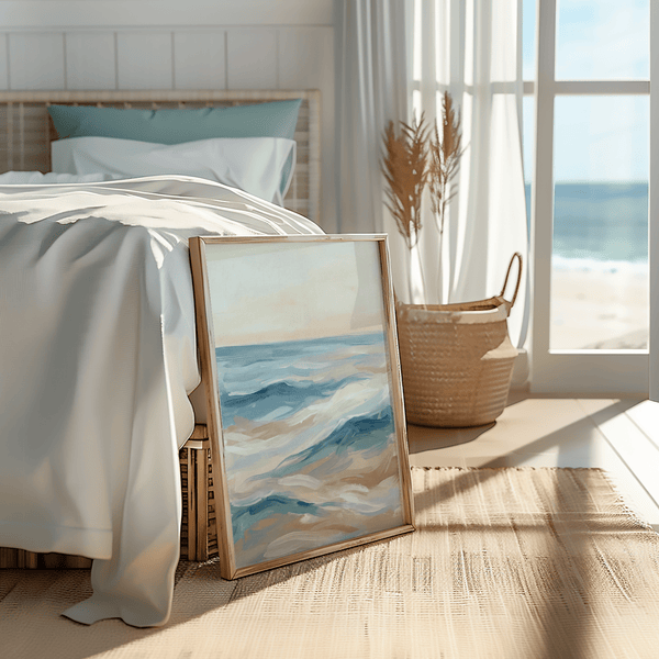 Ocean Wave Art Print in blue, white, and beige for modern entryway art print