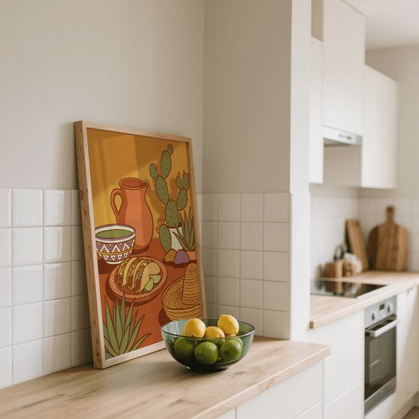 Stampa con motivi gastronomici messicani, accenti arancioni e verdi, decorazione artistica per sala da pranzo