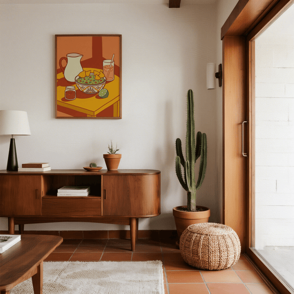 Decorazione murale in stile messicano con vivaci tonalità di arancione e verde per l'arredamento della cucina