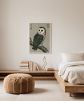 Stampa artistica giapponese con gufo nei toni del bianco e del marrone per decorare la camera da letto