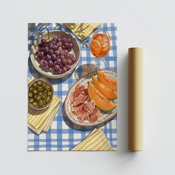 Blue and multicolored Picnic Decor Wall Art perfect for kitchen décor