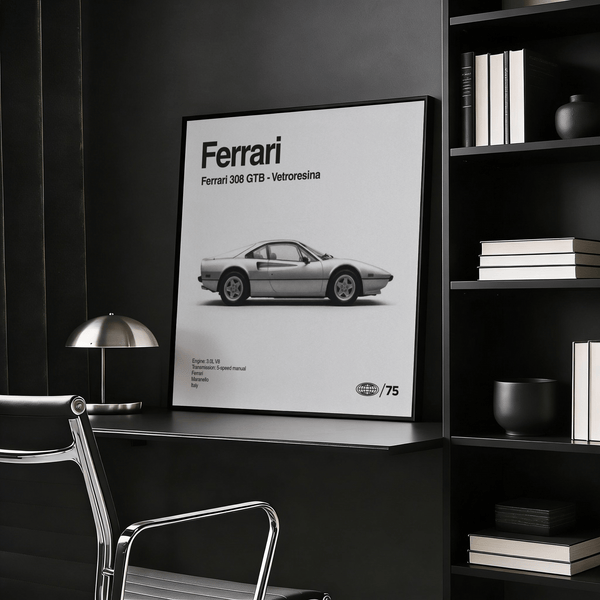 Gray Ferrari 308 GTB Print poster for office decor
