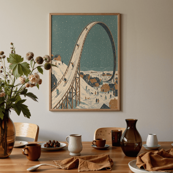 Stampa artistica dedicata allo sci invernale: villaggio beige, decorazione murale per sala da pranzo nei toni dell'inverno