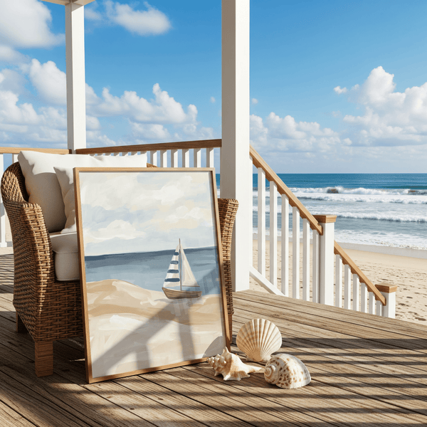 Decorazione da parete con barca a vela sulla spiaggia evidenziata in blu per stampa artistica per cameretta dei bambini