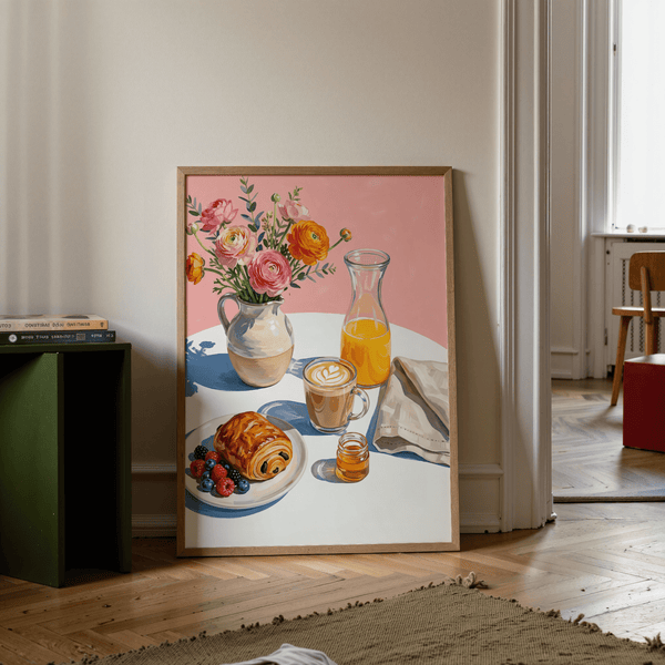 Breakfast Wall Art in pink, orange, and yellow perfect for cafe nook poster