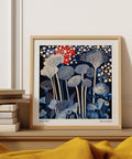 Abstract mushrooms in bold tones of Red and Blue Art with polka dot background