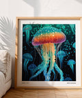 Medusa astratta punteggiata in una stampa murale unica e colorata