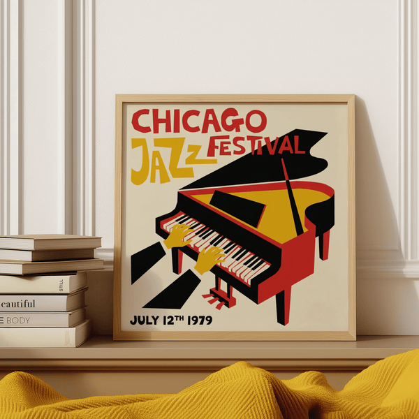 Poster Jazz Festival in giallo, rosso e nero, perfetto per salotti moderni