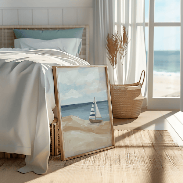 Decorazione da parete con barca a vela sulla spiaggia nei colori blu e bianco costieri per ufficio