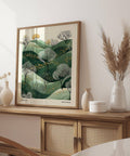 Arte murale naturale dai toni verdi progettata per interni rilassanti
