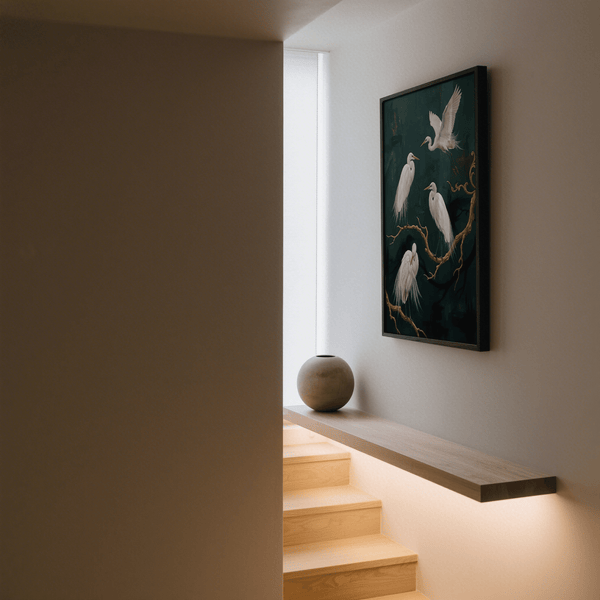 Elegante stampa artistica con uccelli nei toni del blu e del verde per decorare la sala da pranzo