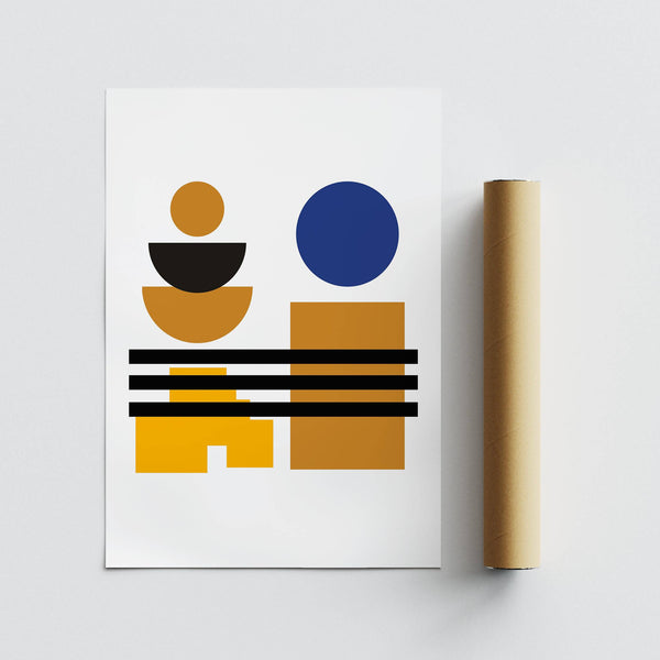 Quadro artistico premium blu opaco e marrone con forme architettoniche audaci