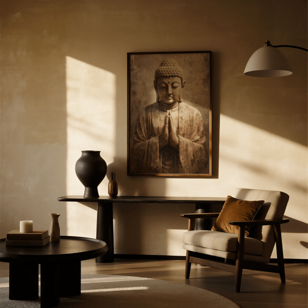 Stampa artistica meditativa raffigurante Buddha in marrone per una tranquilla zona relax