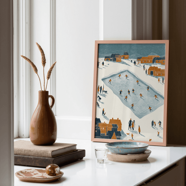 Poster sul pattinaggio sul ghiaccio in blu, arancione e bianco per un accogliente ufficio domestico