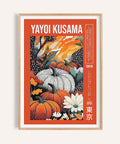 Grafica di zucche nei toni dell'arancio ispirata alla stampa di zucche di Yayoi Kusama.