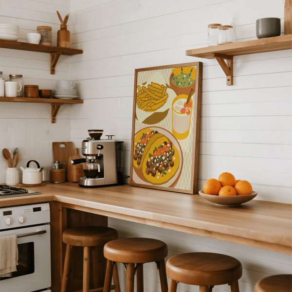 Poster sulla cucina messicana con colori verde e arancione per una parete informale nella sala da pranzo