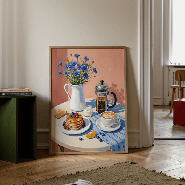 Breakfast Art Print showcasing pancakes, blue wildflowers in white pitcher, kitchen poster