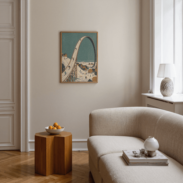 Stampa artistica dedicata allo sci invernale in blu e arancione, stampa artistica per camera da letto con tema invernale