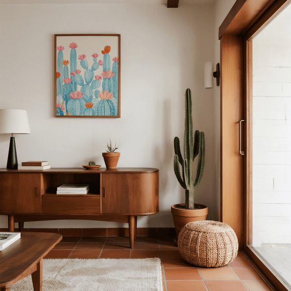 Cactus Art Print with pink petals and blue stems, suitable for lounge