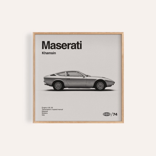 Poster Maserati Khamsin in bianco e nero per decorare le pareti del soggiorno