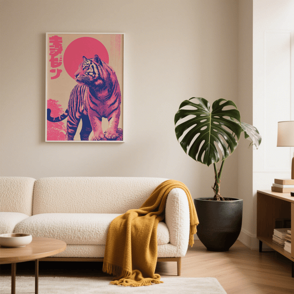 Colorata decorazione murale con tigre e accenti rossi per ufficio