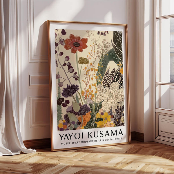 Poster astratto con giardino in stile Yayoi Kusama per l'arredamento di un salotto moderno