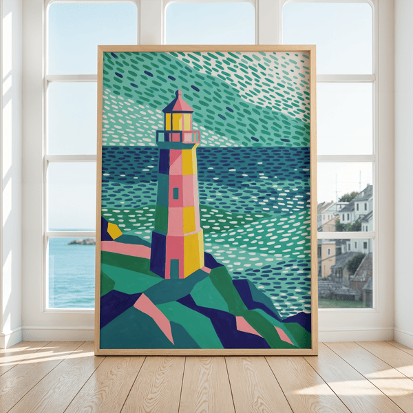 Divertente stampa colorata con faro in arancione, blu e verde per decorare le pareti della cameretta dei bambini