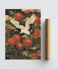 Elegante stampa artistica floreale con gru, fiori rossi e foglie verdi per il corridoio