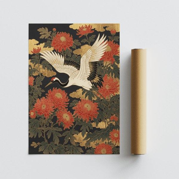 Elegante stampa artistica floreale con gru, fiori rossi e foglie verdi per il corridoio