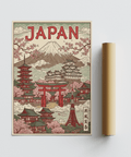 Stampa artistica giapponese con edifici storici giapponesi in rosa per poster da ingresso