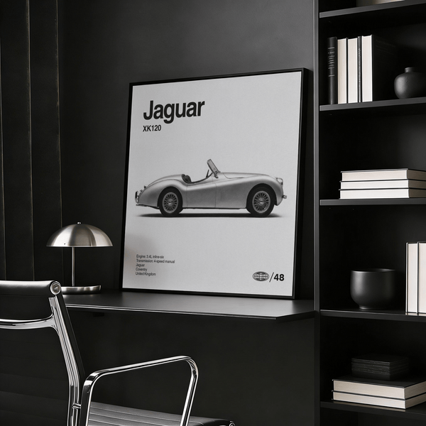 Stampa artistica Jaguar XK120 per ufficio moderno con colori bianco e nero, poster