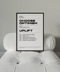 Opera d'arte da parete motivazionale con la parola "Uplift" (sollevare) e cinque pratiche per una mentalità positiva.