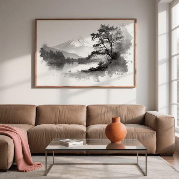 Calming Black and White Print featuring tree and mountain, suitable for study, gray and white shades