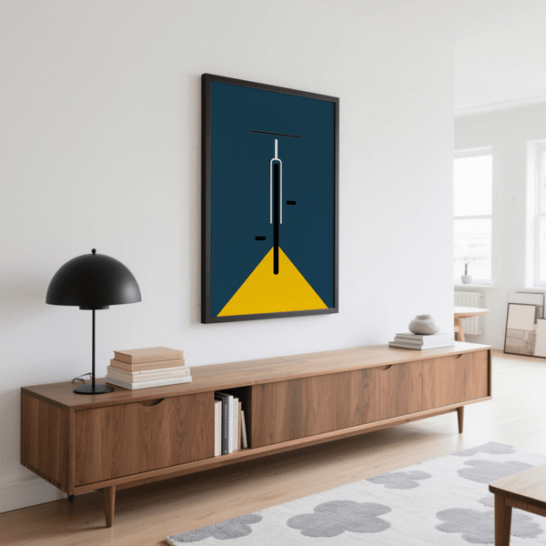 Poster Minimal Bike con accenti gialli per decorare in modo minimalista il corridoio