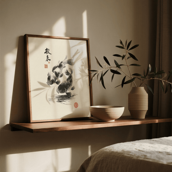 Stampa artistica con carpe koi bianche per un ingresso rilassante