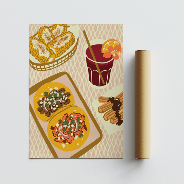 Stampa artistica con motivi gastronomici messicani in giallo e marrone, adatta come decorazione murale per ristoranti
