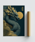 Stampa artistica cinese raffigurante un drago blu e oro dettagliato per l'arte dello spazio di lavoro