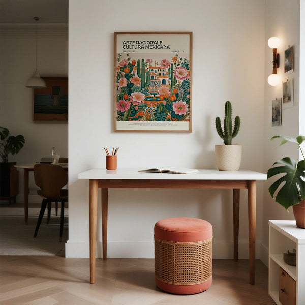 Decorazione murale in stile boho con disegno Folk Art Mexico con fiori e piastrelle.