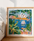 Colorful harbor scene in Matisse Art for Sale featuring palm trees and iconic architecture.