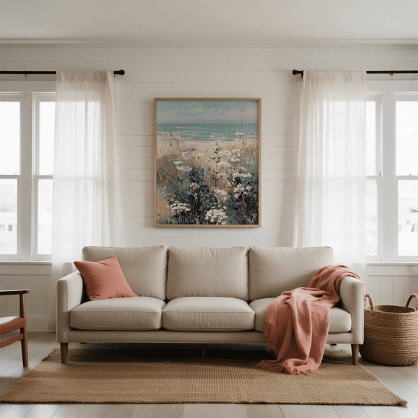 Stampa artistica Wildflower Beach in blu e viola per la stanza studio