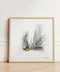 Stampa artistica con disegno di New York City con taxi giallo e grattacieli
