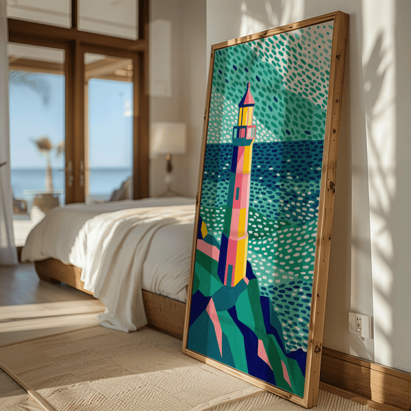 Stampa colorata con tema marino "Faro" con accenti di verde e arancione, perfetta per l'ingresso