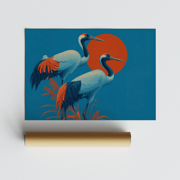 Poster artistico Cranes per un arredamento elegante del soggiorno con tema arancione e blu
