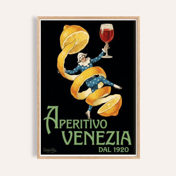 Stampa vintage Aperitivo con abiti blu e limoni gialli, perfetta come decorazione da parete per la cucina