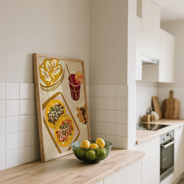 Stampa artistica con motivi messicani nei colori verde e beige per una sala da pranzo moderna