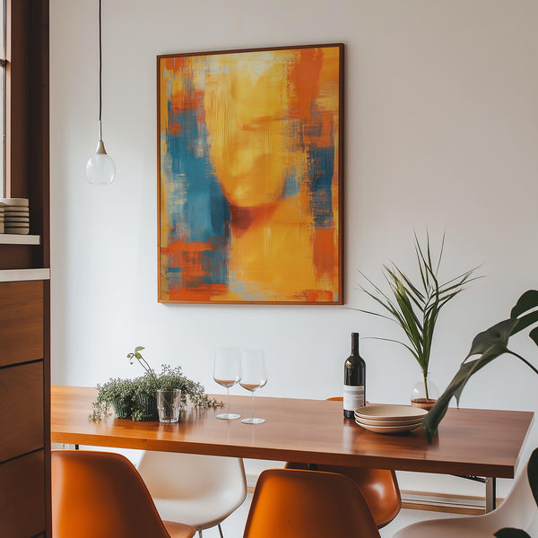 Ethereal blue and orange abstract art perfect for mid-century or minimalist homes.
