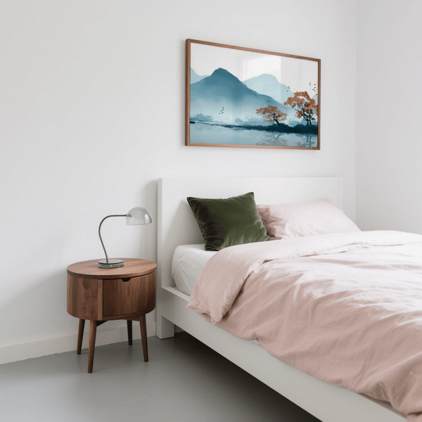 Stampa artistica con motivi naturali rilassanti in blu, arancione e bianco per decorare la camera da letto