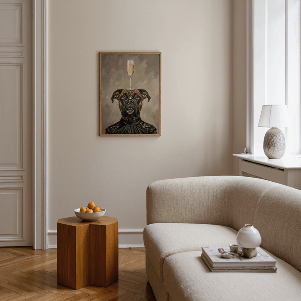 Poster con stampa di cane boxer nei toni del nero, marrone e beige per l'arredamento dell'ufficio