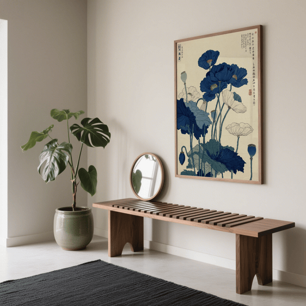 Decorazione murale giapponese con papaveri e fiori blu e verdi per la sala da pranzo